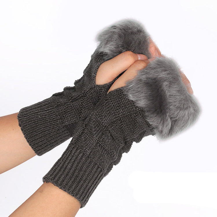 Knitted Gloves Fur Mid Length Half Finger Computer Gloves