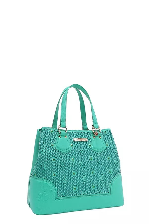 Nicole Lee USA Monogram Pattern Handbag with Rhinestones Decor