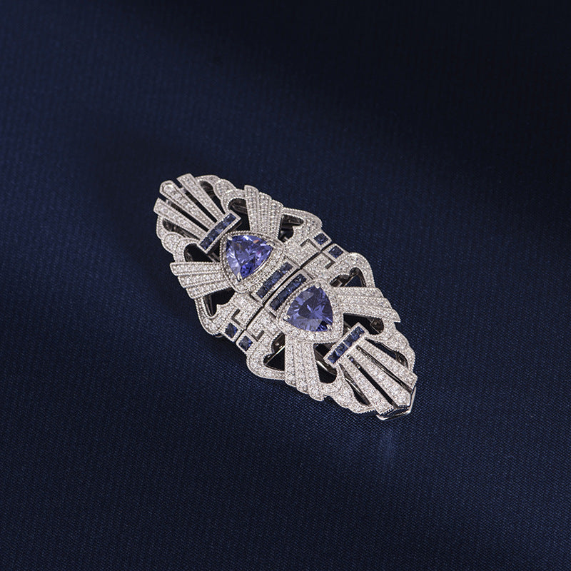 Tansang Blue Vintage Scarf Buckle Neckline Clip 925 Sterling Silver Brooch.