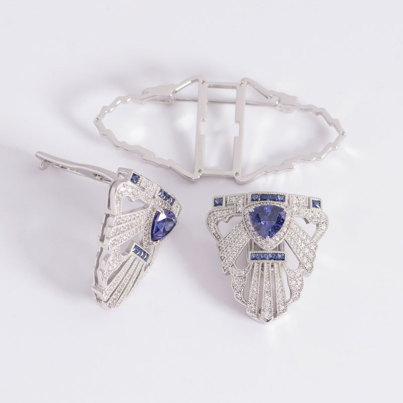 Tansang Blue Vintage Scarf Buckle Neckline Clip 925 Sterling Silver Brooch.