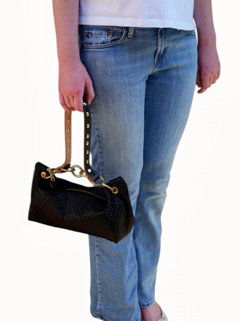 Blair Shoulder Bag, Black Embossed Leather