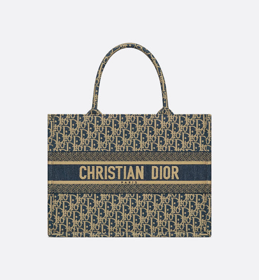 Medium Book Tote Blue Dior Oblique Chambray Embroidery