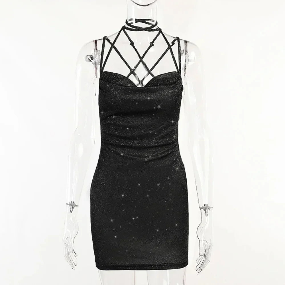Sexy 90s Cowl-Neck Rave Dress - Glitter Y2K Clubwear | Femstylo