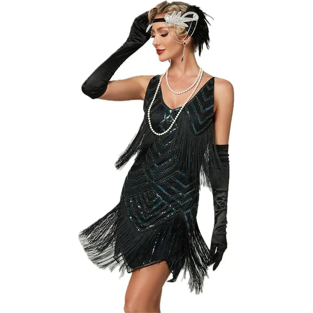 1920s Flapper Dress - Sequin Beaded Gatsby Fringe Mini - Plus Size