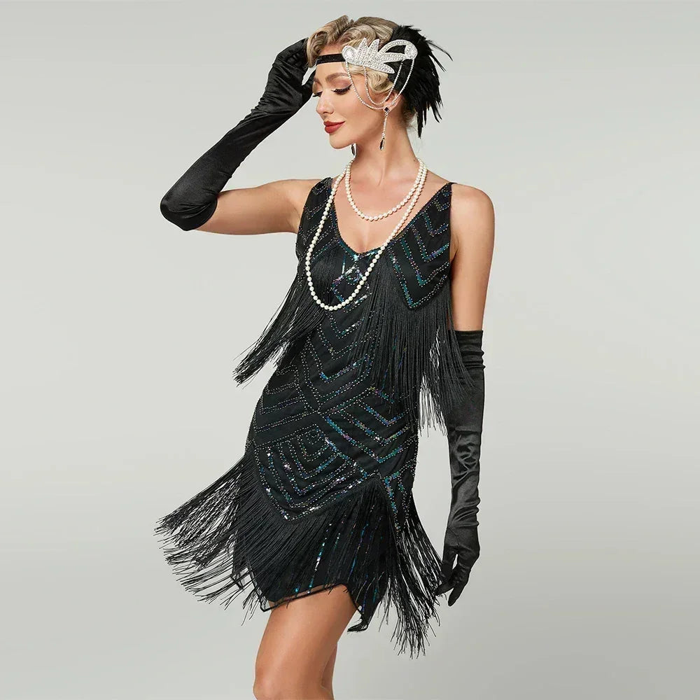 1920s Flapper Dress - Sequin Beaded Gatsby Fringe Mini - Plus Size