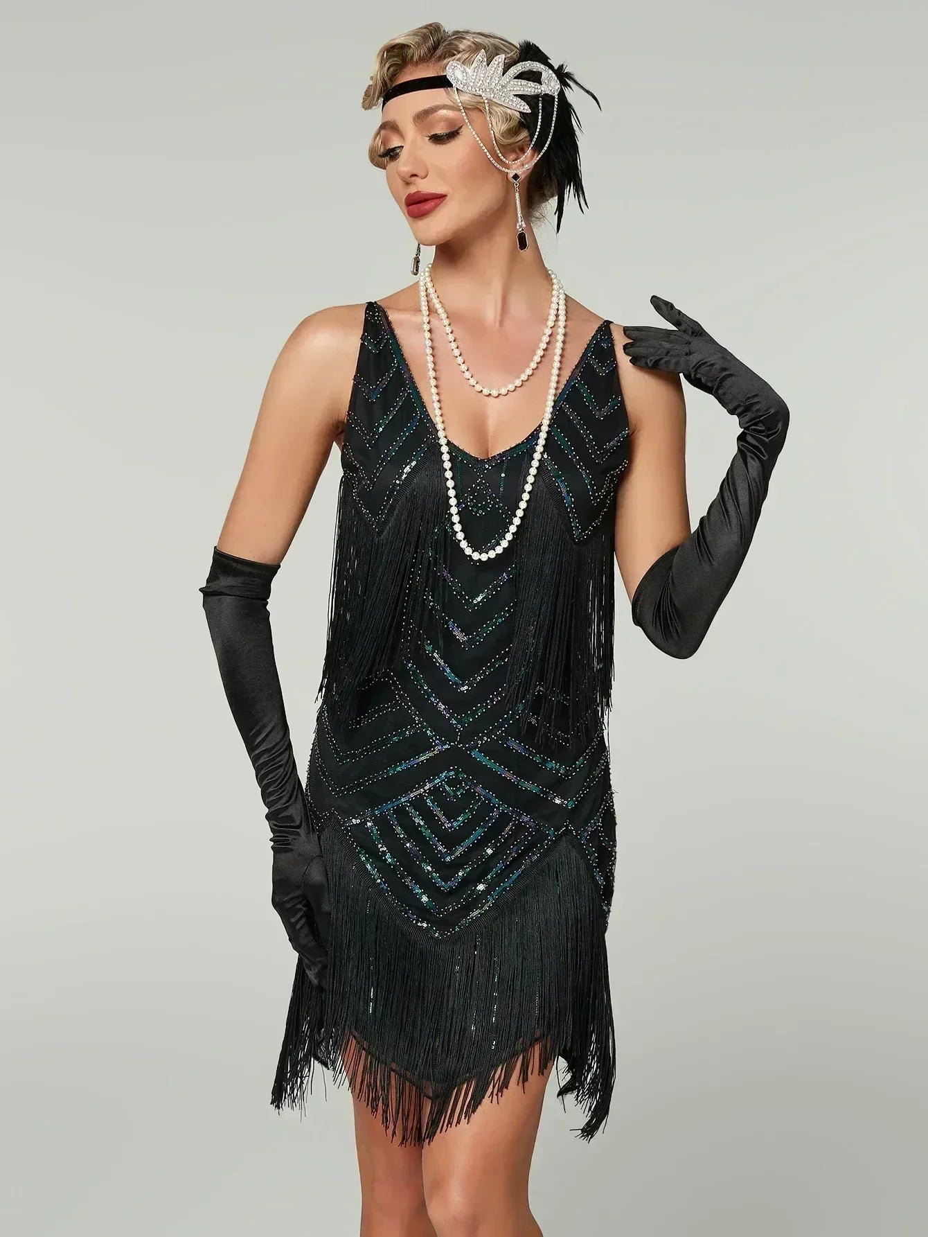 1920s Flapper Dress - Sequin Beaded Gatsby Fringe Mini - Plus Size