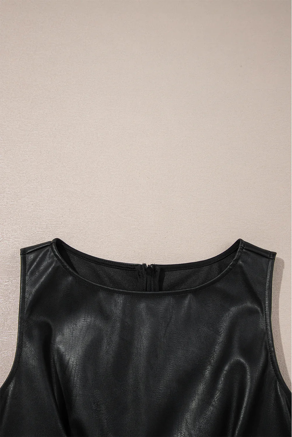 Black Faux Leather Sleeveless Round Neck Mini Dress