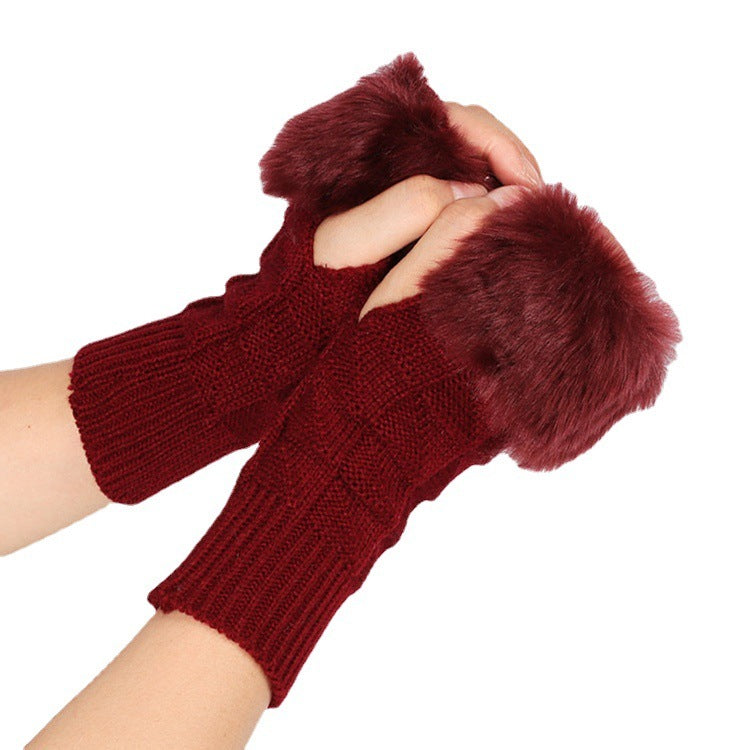 Knitted Gloves Fur Mid Length Half Finger Computer Gloves