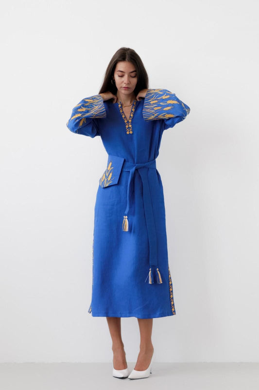 Blue Linen Embroidered Dress – Ukrainian Boho Vyshyvanka Folk Style