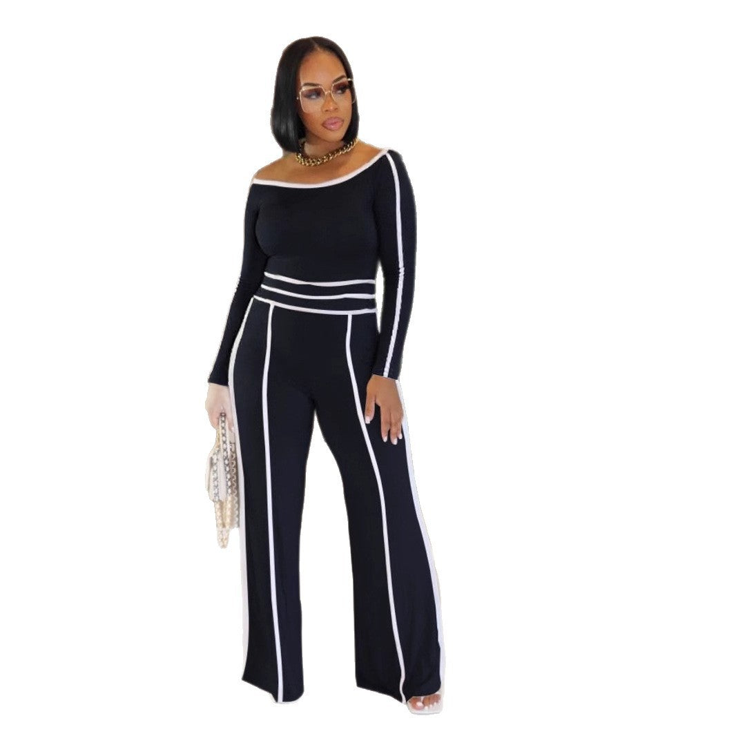 Commute Leisure Diagonal Collar Stitching High Waist Trousers Long Sleeve Two-piece Set (See size chart where applicable)