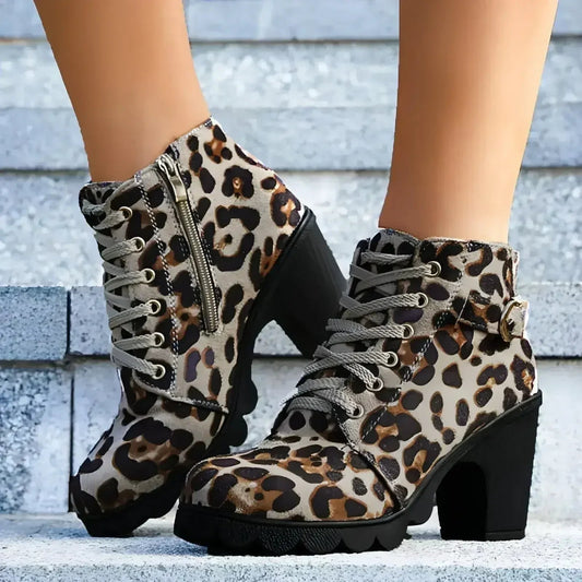 Leopard Print Ankle Boots - Chunky Heel Winter Shoes | Femstylo