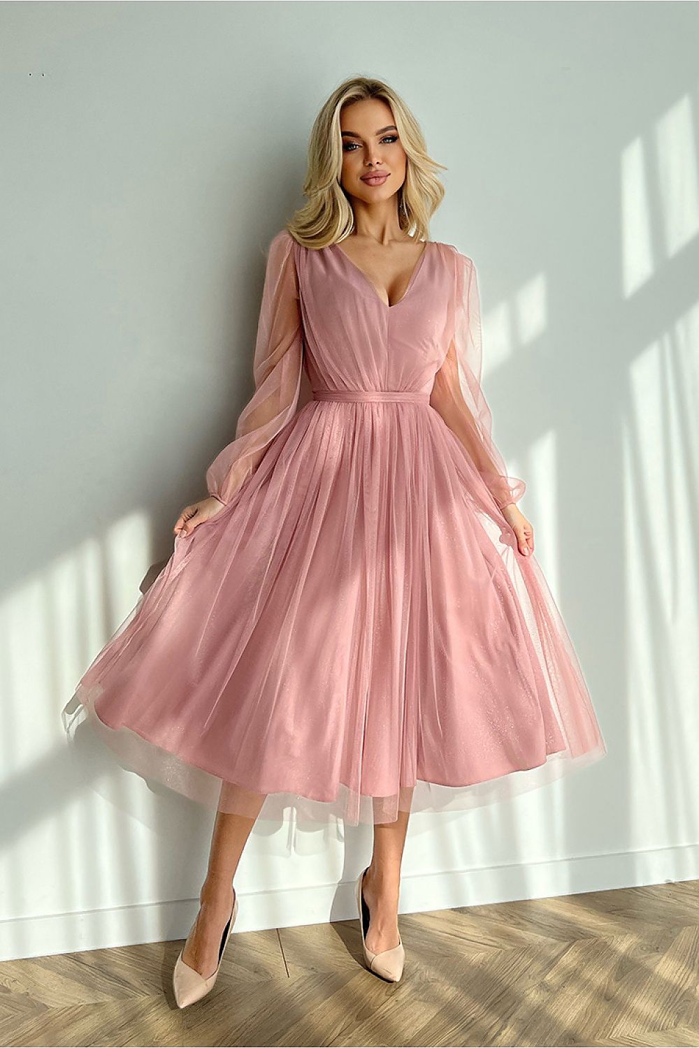 Marleia Mesh-Layered Evening Midi Dress