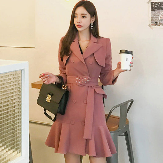 Elegant Double Breasted Slim Fit Ruffle Dress