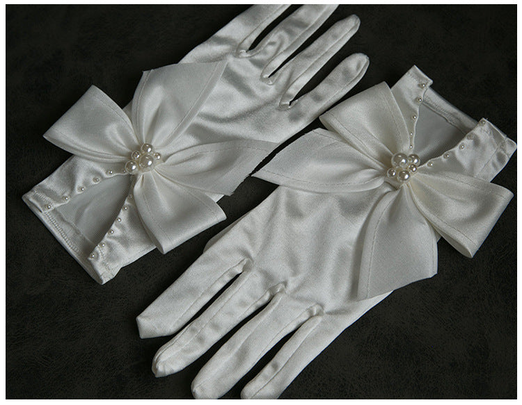 Elegant Pearl Bow Satin Gloves Bridal