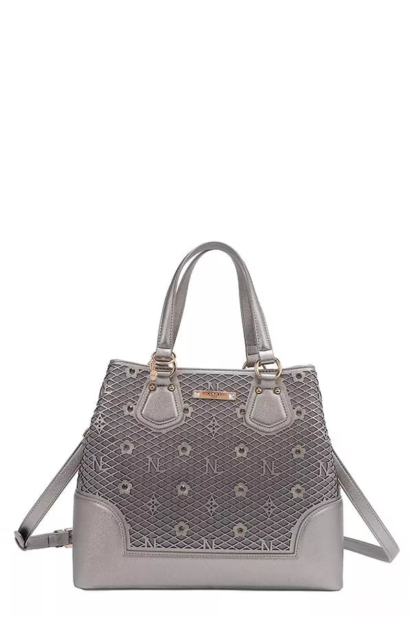 Nicole Lee USA Monogram Pattern Handbag with Rhinestones Decor