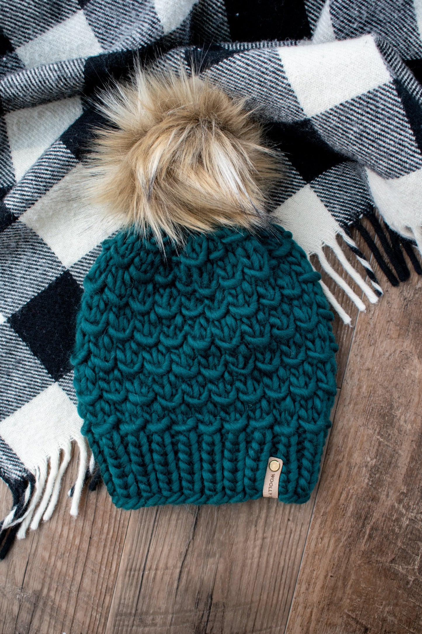 Forest Green Peruvian Wool Knit Hat with Faux Fur Pom Pom
