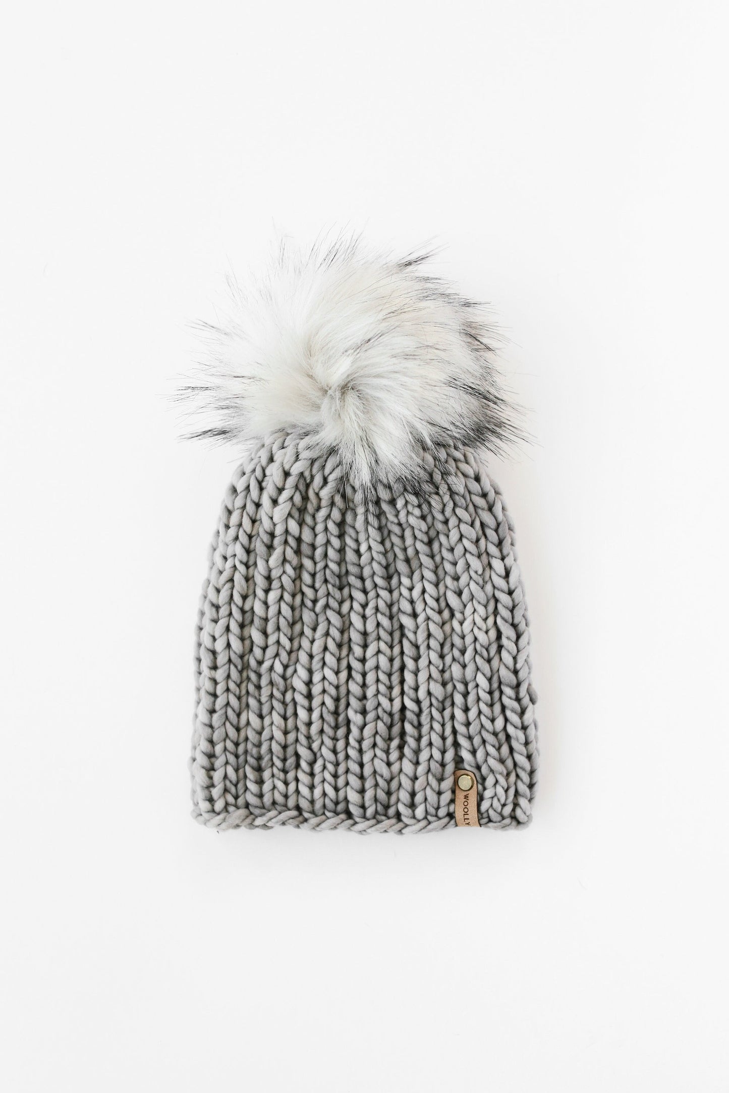 Gray Merino Wool Ribbed Knit Hat with Faux Fur Pom Pom