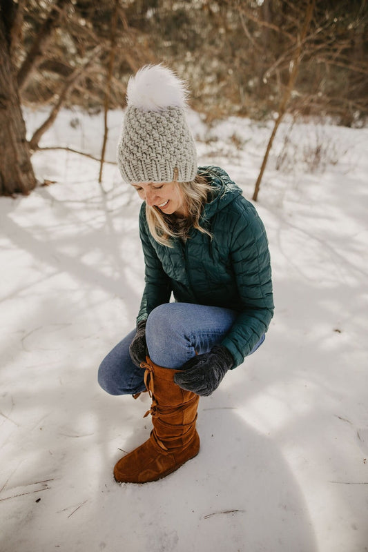 Light Gray Peruvian Wool Knit Hat with Faux Fur Pom Pom