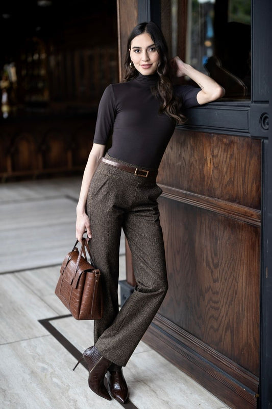 NINA STRAIGHT LEG PANT: HERRINGBONE CAMEL