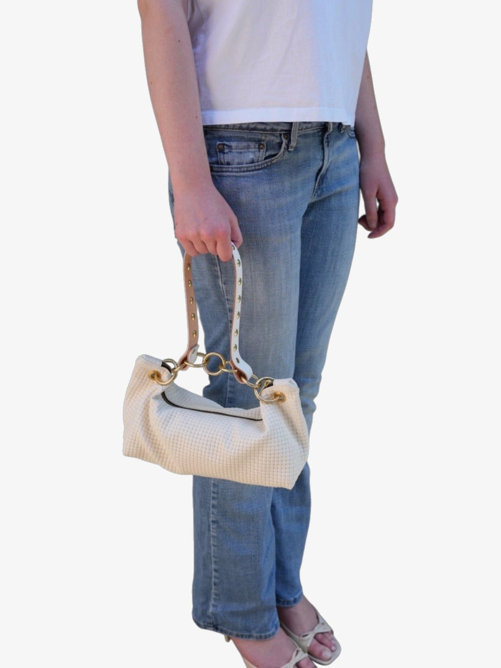 Blair Shoulder Bag, Cream Embossed Leather