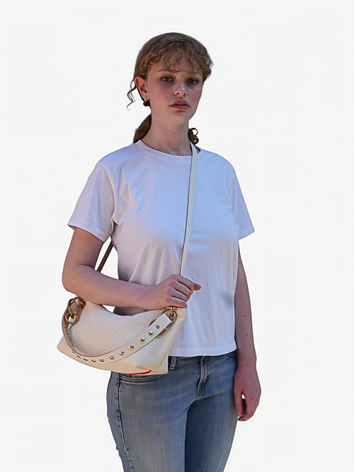 Blair Shoulder Bag, Cream Embossed Leather