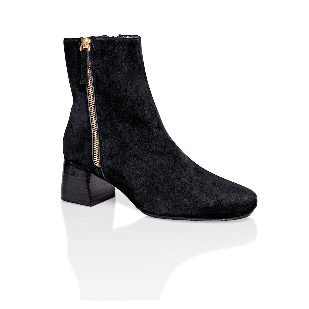 Arina Dress Ankle Bootie with a Block Heel in Black Suede