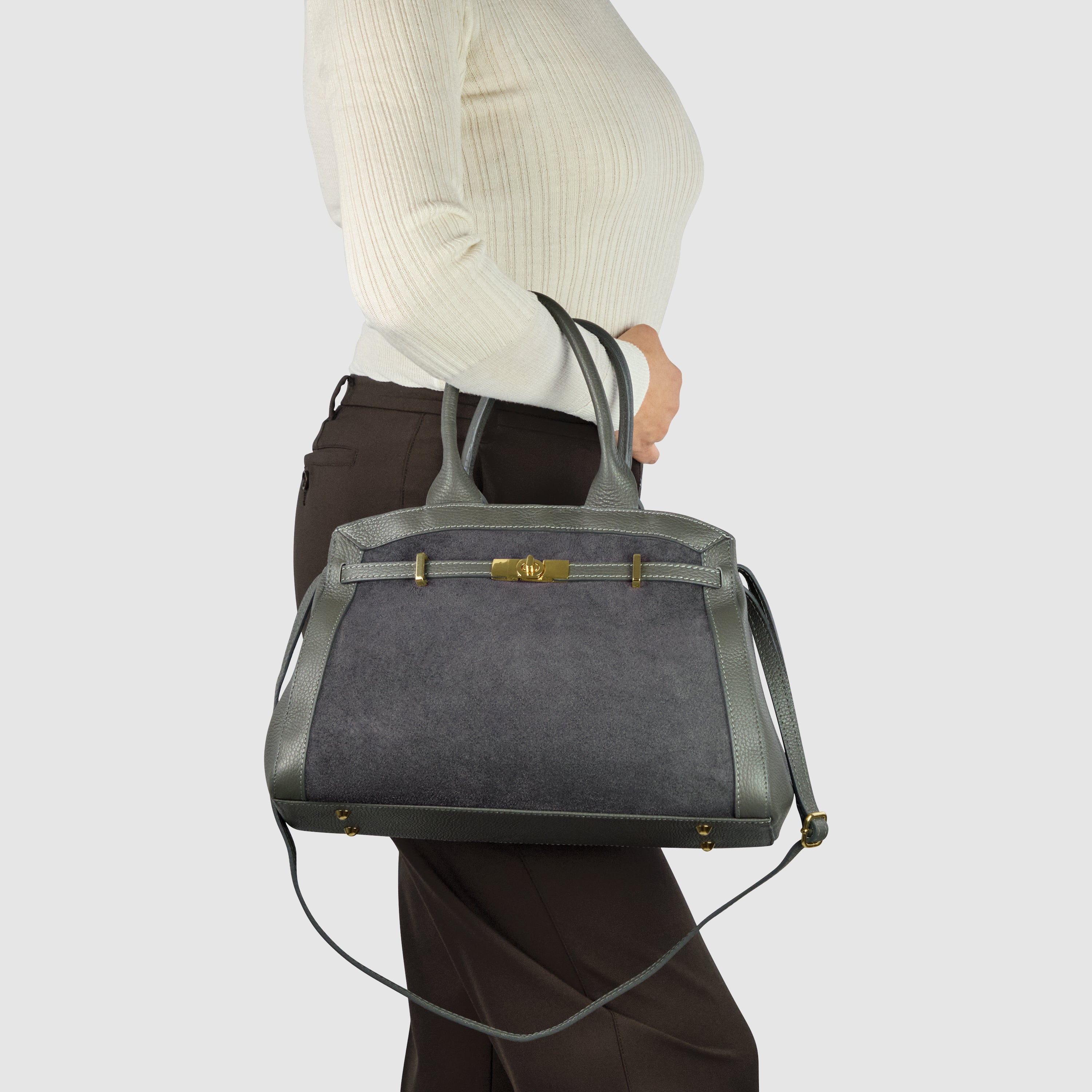 Italian Genuine Suede & Calf Leather Top-Handle Bag 333155