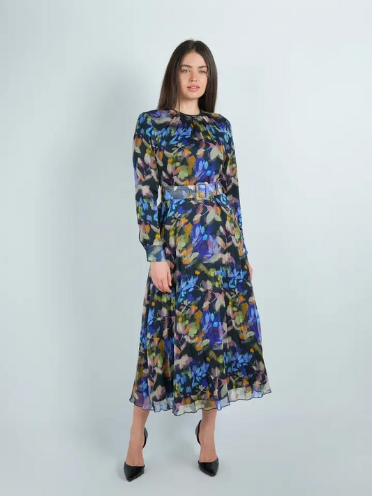 Chiffon Neon Floral Pleated Dress